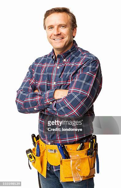 mâle charpentier debout en toute confiance, avec une ceinture utilitaire-isolé - ceinture accessoire photos et images de collection