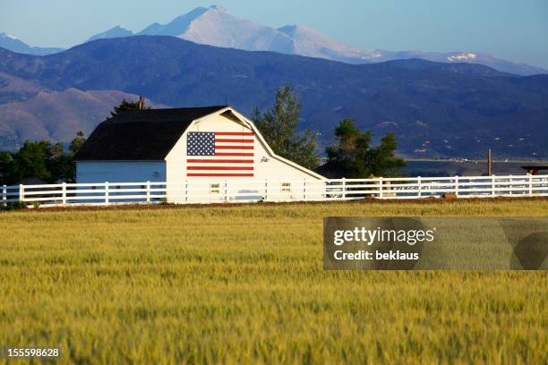 bandiera americana su fienile in montagne rocciose - fienile foto e immagini stock