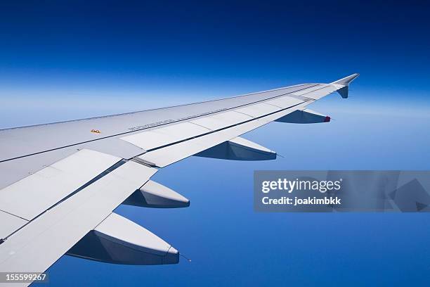 the wing of an airplane with a clear blue sky - airplane wing stockfoto's en -beelden