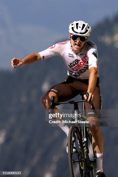 Felix Gall of Austria and Ag2R Citroën Team celebrates at finish line as stage winner during the stage seventeen of the 110th Tour de France 2023 a...