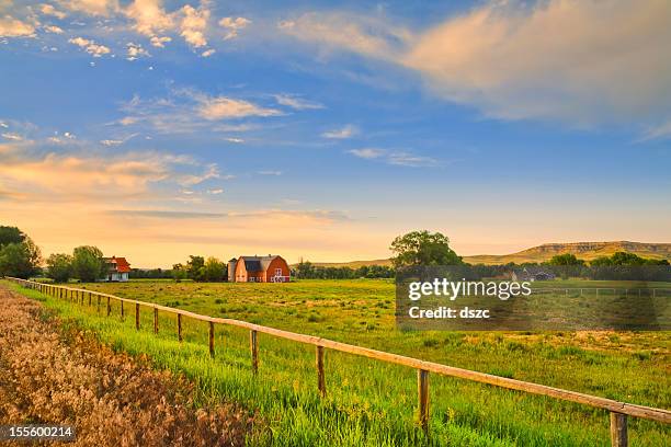 landschaft und landwirtschaft bei sonnenuntergang in ländlichen montana - montana stock-fotos und bilder