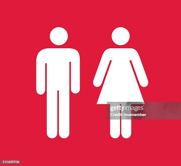 red and white square male and female restroom sign - damtoalett skylt bildbanksfoton och bilder