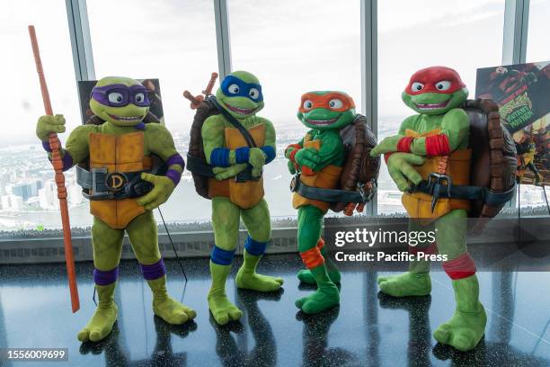 Teenage Mutant Ninja Turtles characters Raphael, Michelangelo, Donatello and Leonardo visit One World Observatory and pose with visitors in...