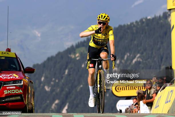 Jonas Vingegaard of Denmark and Team Jumbo-Visma - Yellow Leader Jersey reacts after the stage seventeen of the 110th Tour de France 2023 a 165.7km...