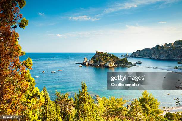 italy, sicily, taormina, isola bella - taormina stockfoto's en -beelden
