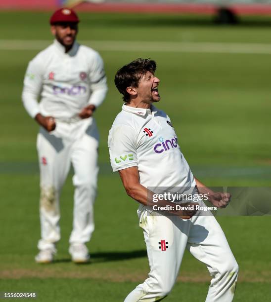 Jack White of Northamptonshire celebrates after taking his fifth wicket, that of Kasey Aldridge during the LV= Insurance County Championship Division...