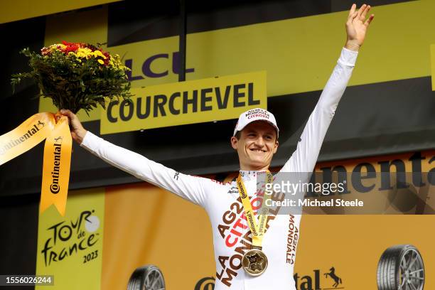Felix Gall of Austria and Ag2R Citroën Team celebrates at podium as stage winner during the stage seventeen of the 110th Tour de France 2023 a...