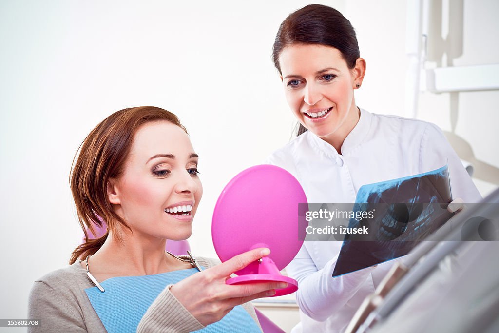 Dentist, Dental Patient Comparing Teeth with X-ray