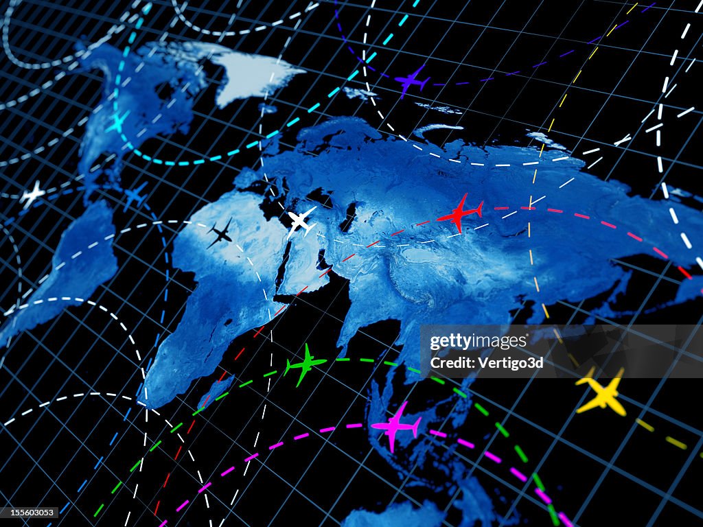 Map of the world showing air traffic patterns