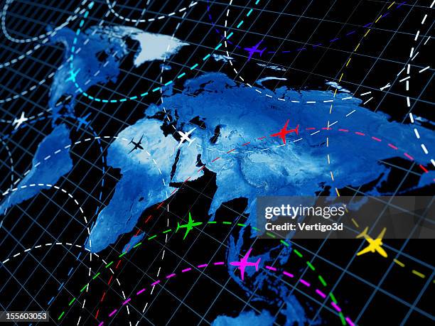 map of the world showing air traffic patterns - air traffic control operator stock pictures, royalty-free photos & images