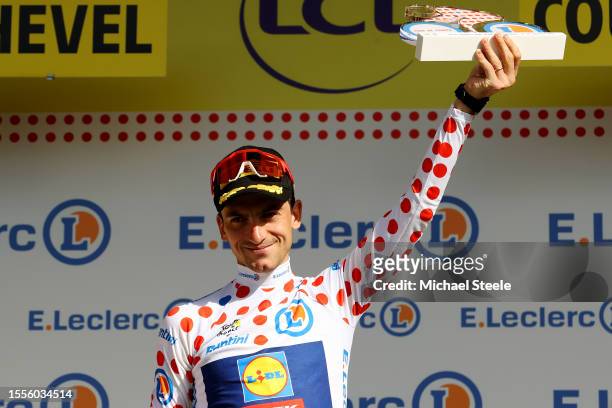 Giulio Ciccone of Italy and Team Lidl-Trek - Polka Dot Mountain Jersey celebrates at podium during the stage seventeen of the 110th Tour de France...