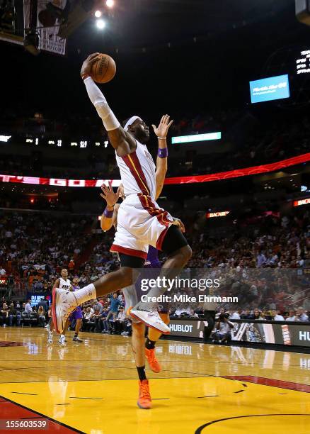 LeBron James of the Miami Heat dunks during a game against the Phoenix Suns at AmericanAirlines Arena on November 5, 2012 in Miami, Florida.