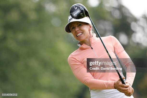 Pernilla Lindberg of Sweden hits her tee shot on the third hole during the first round of the Dow Great Lakes Bay Invitational at Midland Country...