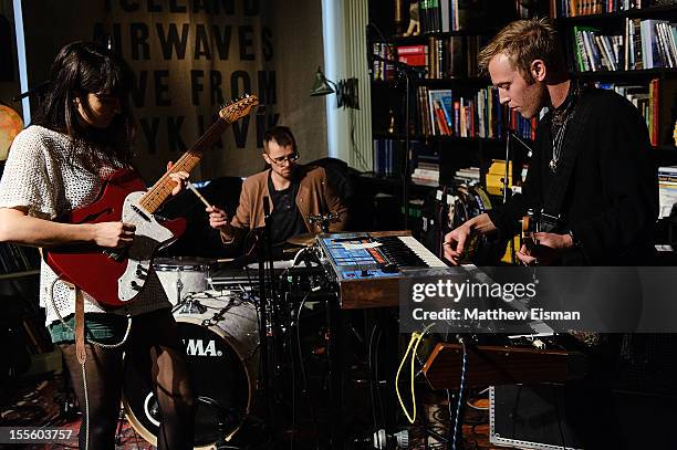 Charlie Hilton, Paul Roper and Jacob Portrait of the band Blouse perform on stage during Iceland Airwaves Music Festival at KEX Hostel on October 31,...