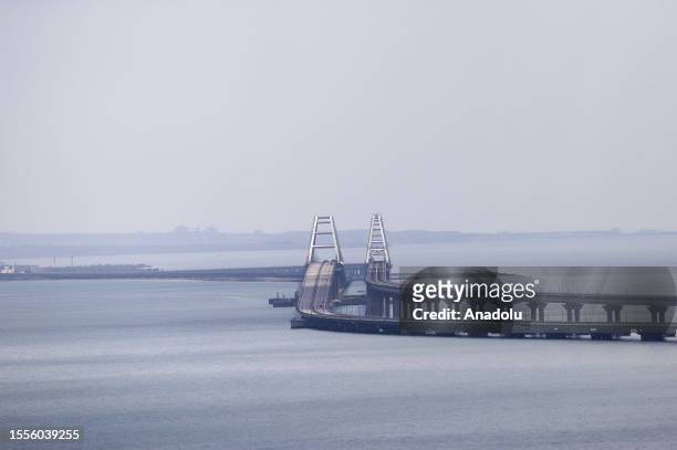 General view of the Crimea bridge as Russia-Ukraine war continues in Crimea on July 25, 2023. Car ferries departing from Kavkaz Port of Krasnodar to...