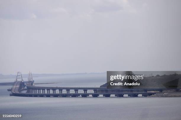 General view of the Crimea bridge as Russia-Ukraine war continues in Crimea on July 25, 2023. Car ferries departing from Kavkaz Port of Krasnodar to...