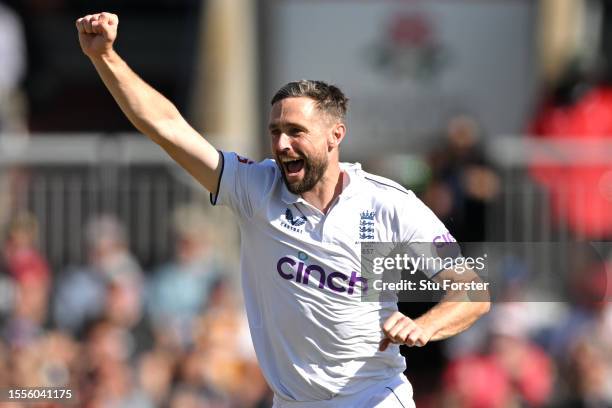 Chris Woakes of England celebrates taking the wicket of Cameron Green of Australia during Day One of the LV= Insurance Ashes 4th Test Match between...