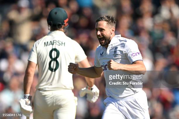 Chris Woakes of England celebrates taking the wicket of Cameron Green of Australia during Day One of the LV= Insurance Ashes 4th Test Match between...
