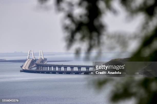 General view of the Crimea bridge as Russia-Ukraine war continues in Crimea on July 25, 2023. Car ferries departing from Kavkaz Port of Krasnodar to...