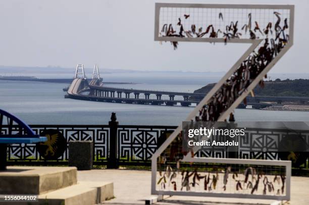 General view of the Crimea bridge as Russia-Ukraine war continues in Crimea on July 25, 2023. Car ferries departing from Kavkaz Port of Krasnodar to...