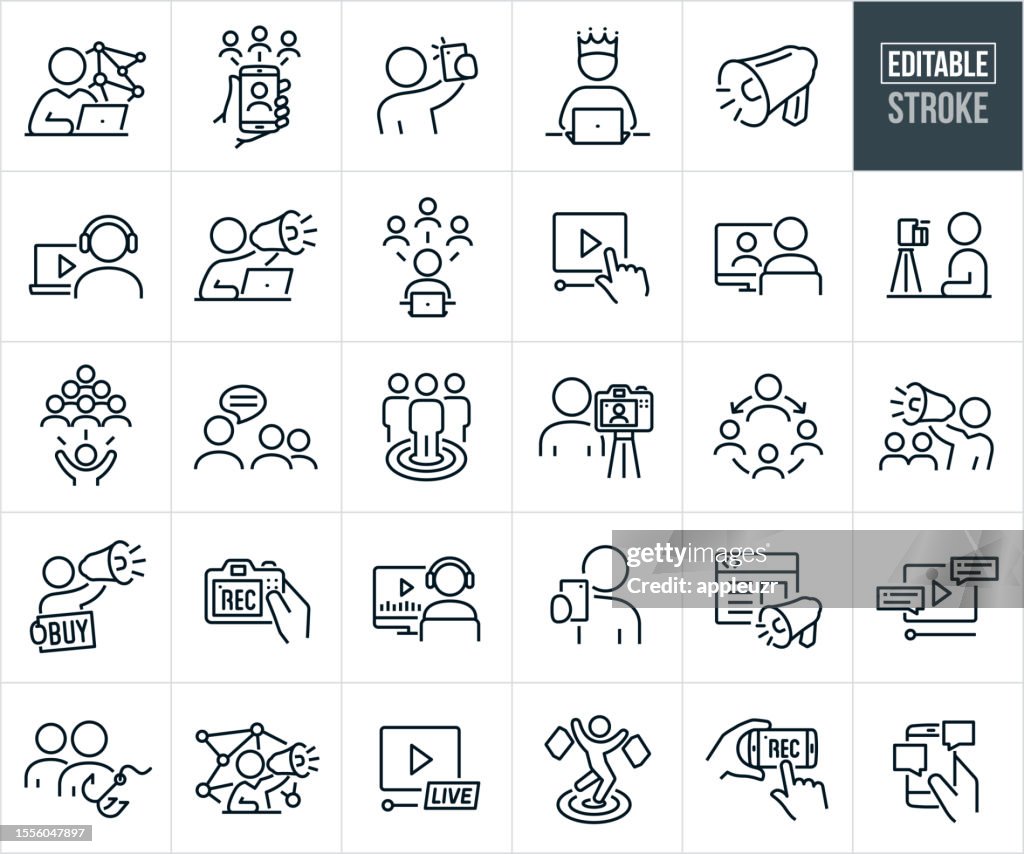 Médias sociaux et marketing d’influence Icônes de ligne mince - Trait modifiable