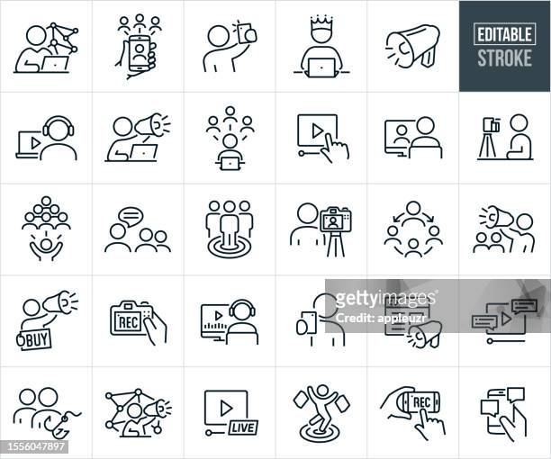 stockillustraties, clipart, cartoons en iconen met social media and influencer marketing thin line icons - editable stroke - filming of netflix series outlander takes place in glasgow