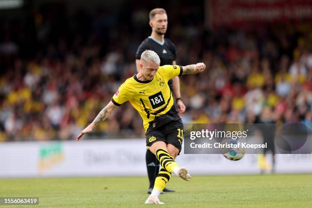 Marco Reus of Dortmund shoost the ball during the pre-season friendly match between Rot-Weiß Oberhausen and Borussia Dortmund at Niederrheinstadion...