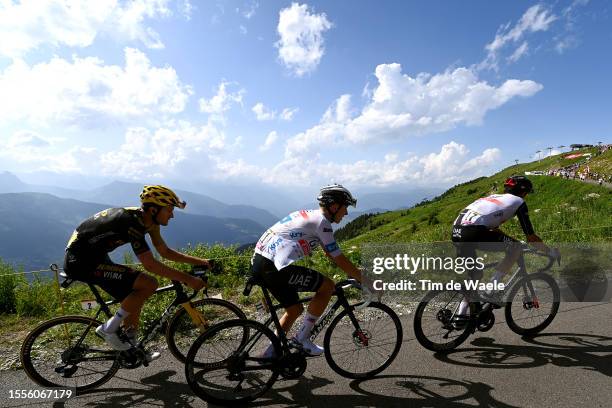 Tiesj Benoot of Belgium and Team Jumbo-Visma, Tadej Pogacar of Slovenia - White Best Young Rider Jersey and Marc Soler of Spain and UAE Team Emirates...