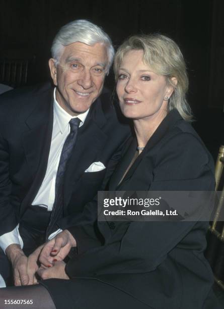 Actor Leslie Nielsen and wife Barbaree Earl attend A Celebration of Hearing Health Benefit Gala on January 24, 2002 at Chelsea Piers Lighthouse in...