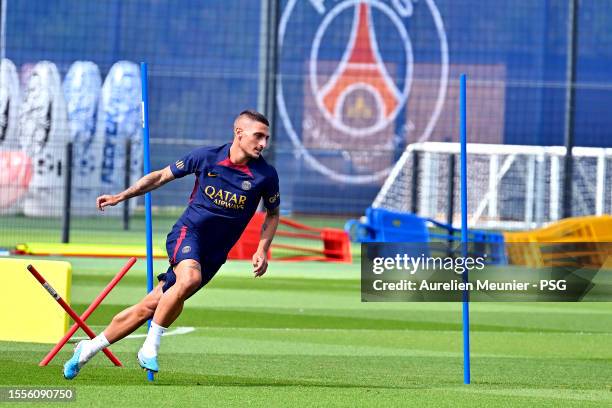 Marco Verratti warms up during a Paris Saint-Germain training session at PSG Campus on July 19, 2023 in Poissy, France.
