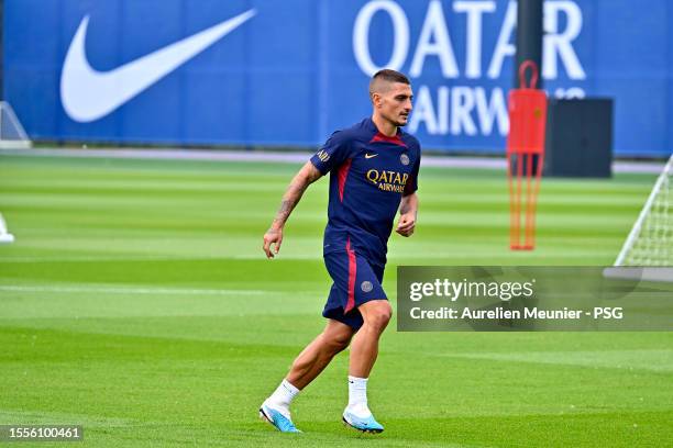 Marco Verratti warms up during a Paris Saint-Germain training session at PSG Campus on July 19, 2023 in Poissy, France.