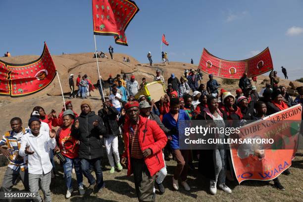 Economic Freedom Fighters supporters carry a mock coffin covered with an African National Congress flag at the EFF Birthday Rally, celebrating the...