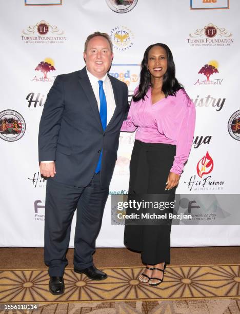 Dean Wilson and Xylina Cooper arrive at Global Charity Initiative Hosts Her Excellency The First Lady Of Kenya Rachel Ruto on July 18, 2023 in...