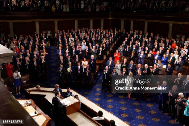 Israeli President Isaac Herzog addresses a joint meeting of the U.S. Congress at the U.S. Capitol on July 19, 2023 in Washington, DC. Herzog's speech...