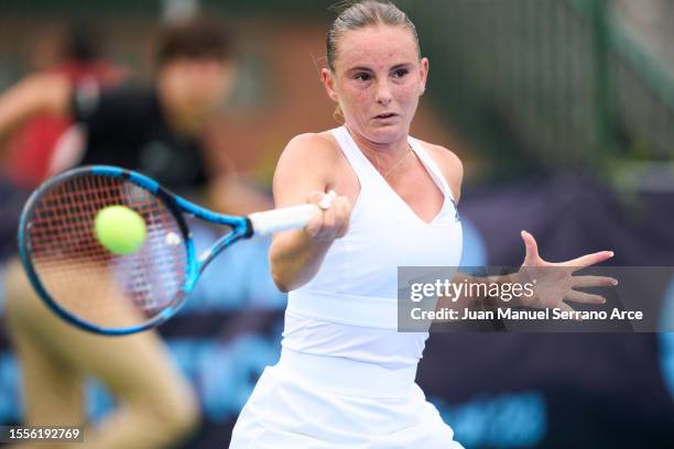 Nahia Berecoechea of France plays a forehand during her first round match against Sofia Milatova of Slovakia during the 2023 ITF World Tennis Tour...