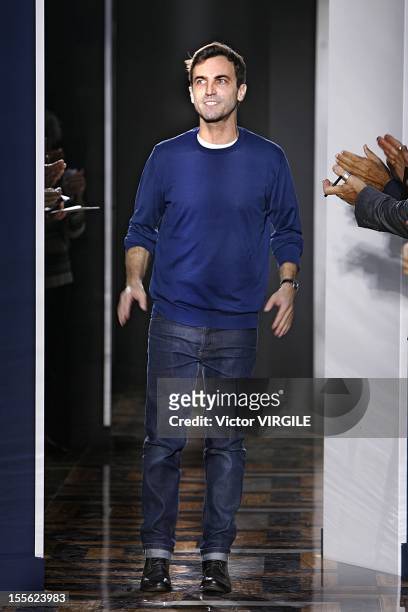 French designer Nicolas Ghesquiere at the finale of the Balenciaga Ready to Wear Spring / Summer 2012 show during Paris Fashion Week on September 29,...