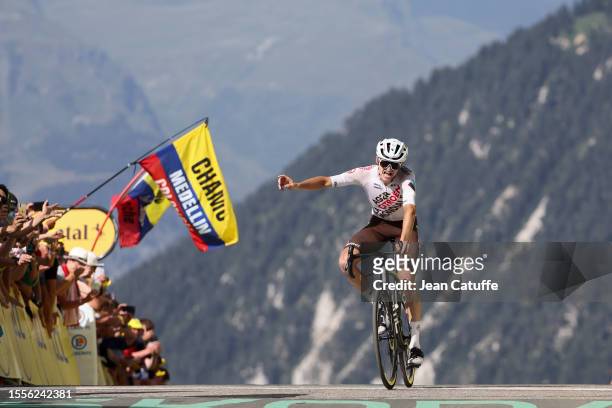 Felix Gall of Austria and AG2R Citroen Team celebrates at finish line winning stage seventeen of the 110th Tour de France 2023, a 165.7km stage from...