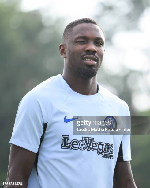 Marcus Thuram of FC Internazionale looks on during the FC Internazionale training session at the club's training ground Suning Training Center at...