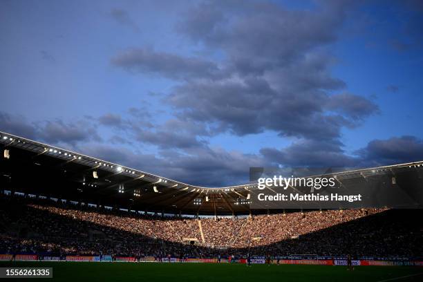 General view of players in action oduring the pre-season friendly match between Karlsruher SC and Liverpool FC at BBBank Wildparkstadion on July 19,...