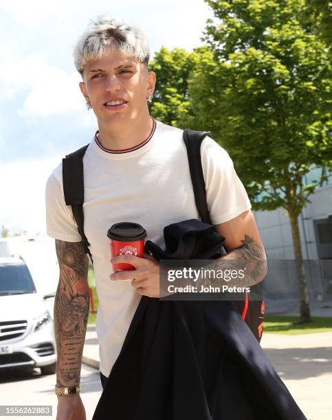 Alejandro Garnacho of Manchester United leaves Carrington to fly to Edinburgh ahead of their flight to the USA for their pre-season tour on July 19,...