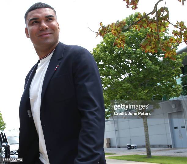 Casemiro of Manchester United leaves Carrington to fly to Edinburgh ahead of their flight to the USA for their pre-season tour on July 19, 2023 in...