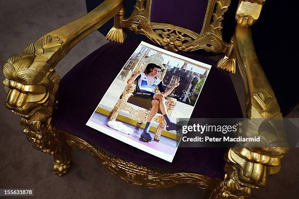 The Bradley Wiggins London 2012 Olympics golden throne is displayed at Sotheby's on November 6, 2012 in London, England. Graham Budd auctioneers are...