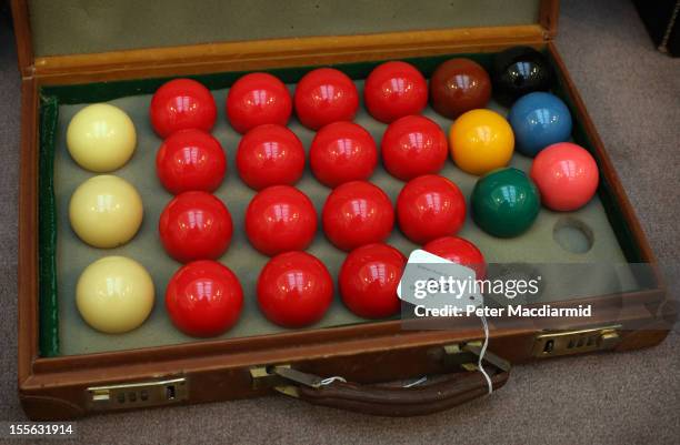 The original set of snooker balls used by Steve Davis when he achieved the first televised 147 break in 1982 is shown on November 6, 2012 in London,...