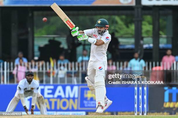 Pakistan's Mohammad Rizwan plays a shot during the third day of the second and final cricket Test match between Pakistan and Sri Lanka at the...