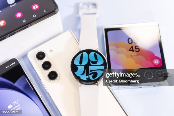 Samsung Galaxy Z Fold 5 smartphone, Galaxy Watch 6 Standard, and Galaxy Z Flip 5 smartphone during an event in New York, US, on Friday, July 21,...