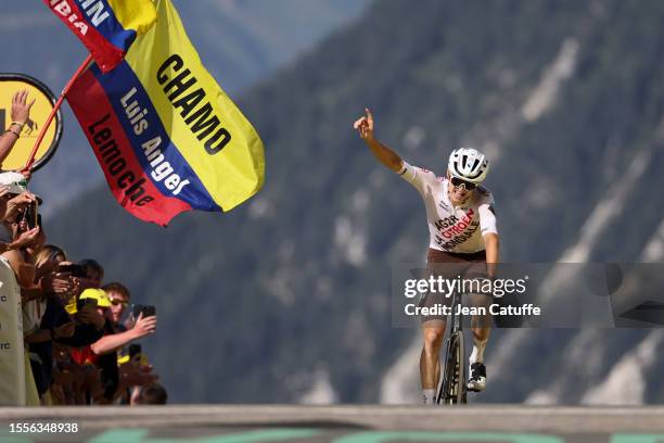 Felix Gall of Austria and AG2R Citroen Team celebrates at finish line winning stage seventeen of the 110th Tour de France 2023, a 165.7km stage from...