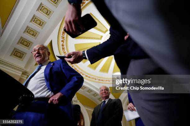 Senate Majority Leader Charles Schumer talks to reporters following the weekly Senate Democratic policy luncheon at the U.S. Capitol on July 19, 2023...