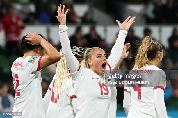Canada's forward Adriana Leon celebrates scoring her team's second goal during the Australia and New Zealand 2023 Women's World Cup Group B football...