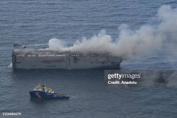 Fire breaks out on a cargo ship carrying nearly 3000 cars in the North Sea near Netherlands on July 26, 2023. An electric car is believed to have...