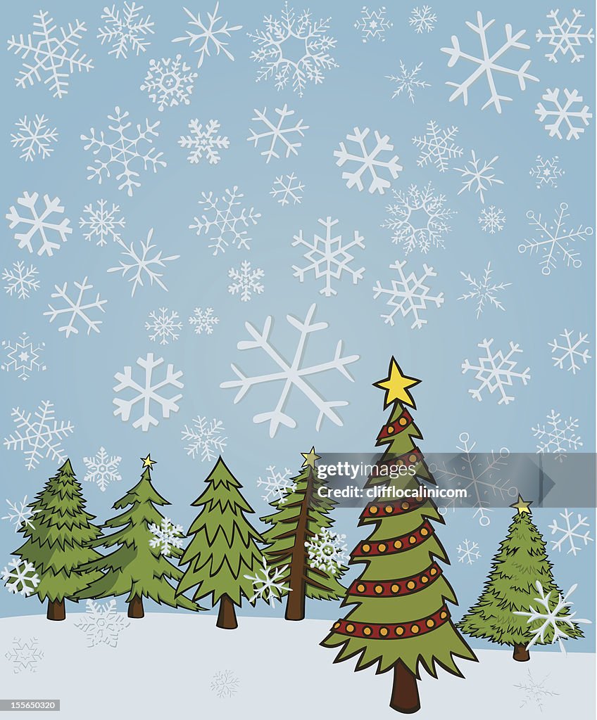 Árbol de Navidad y Copos de nieve en invierno